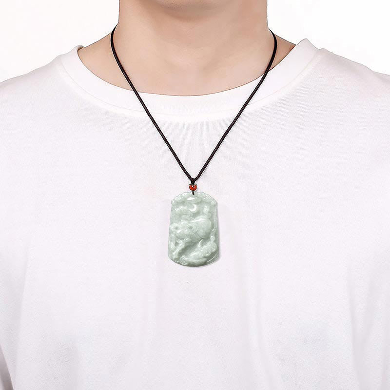 Natural Jade Zodiac Amulet Pendant – Worn on model chest white t-shirt jade zodiac necklace, Wearable
