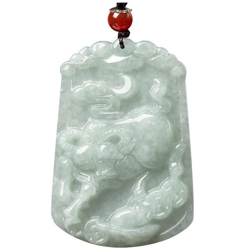 Natural Jade Zodiac Amulet Pendant – Ox zodiac relief carving jade pendant moon cloud motifs, Diligent