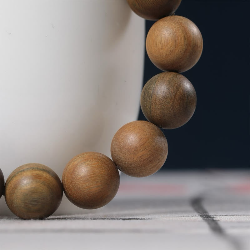 Green Sandalwood Pixiu Attract Wealth Bracelet – diagonal macro six beads striations, Earthy