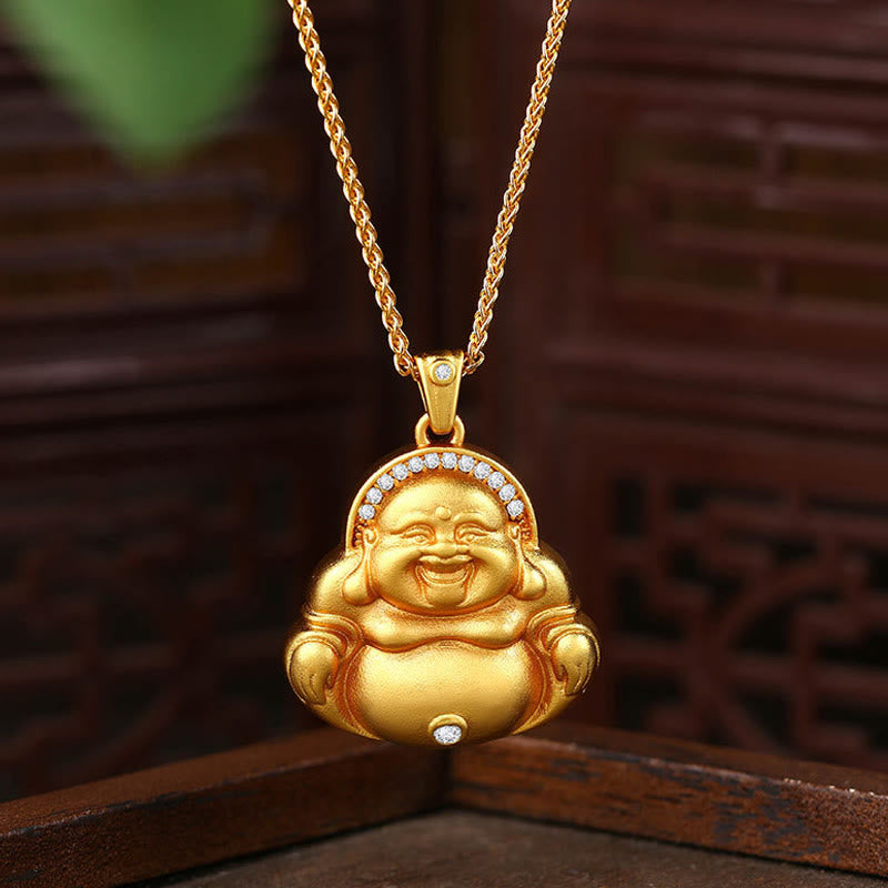 Copper Laughing Buddha Necklace – front Fu character pendant, happiness prosperity charm