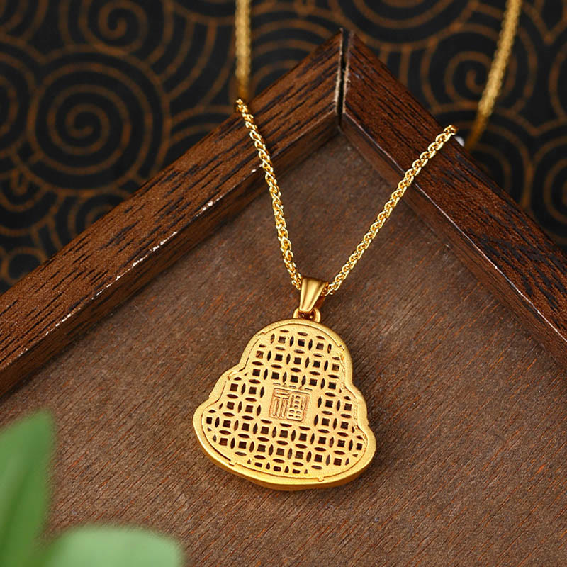 Copper Laughing Buddha Necklace – Laughing Buddha belly detail, copper sculpture close-up