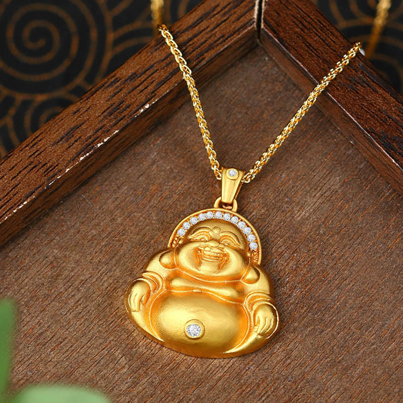 Copper Laughing Buddha Necklace – worn on happy model, joyful Buddha accessory