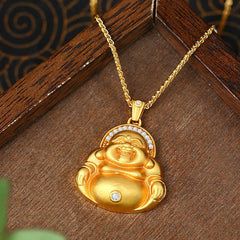 Copper Laughing Buddha Necklace – worn on happy model, joyful Buddha accessory