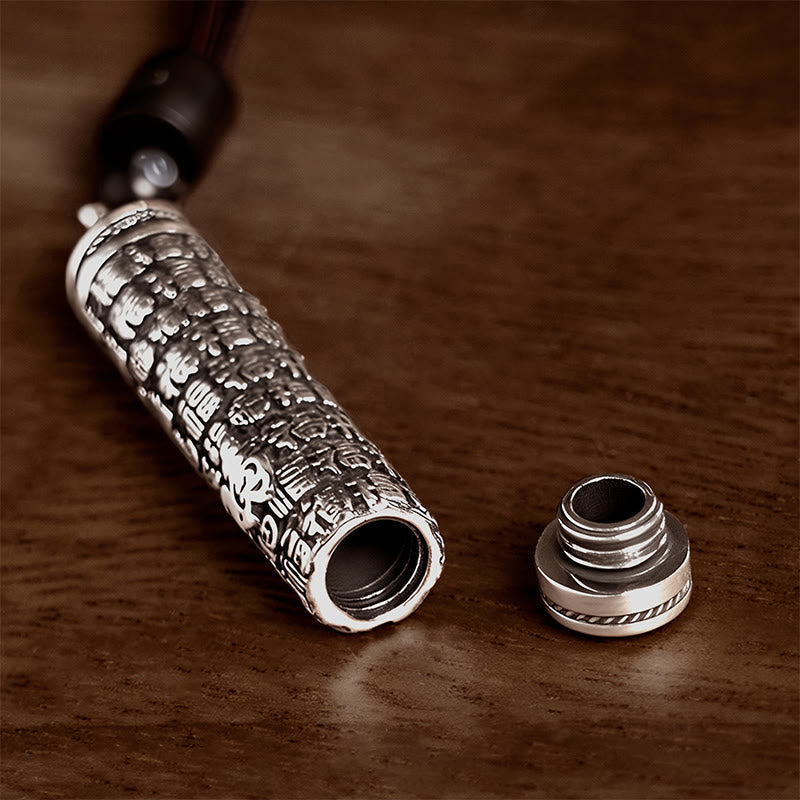 Copper Dragon Fu Character Pendant – open silver cylinder showing hollow chamber, Clarity