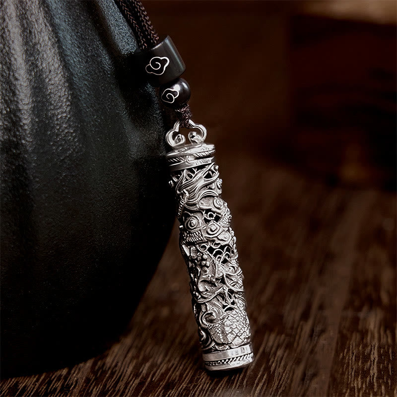 Copper Dragon Fu Character Pendant – antique silver dragon tube with cloud beads, Protection