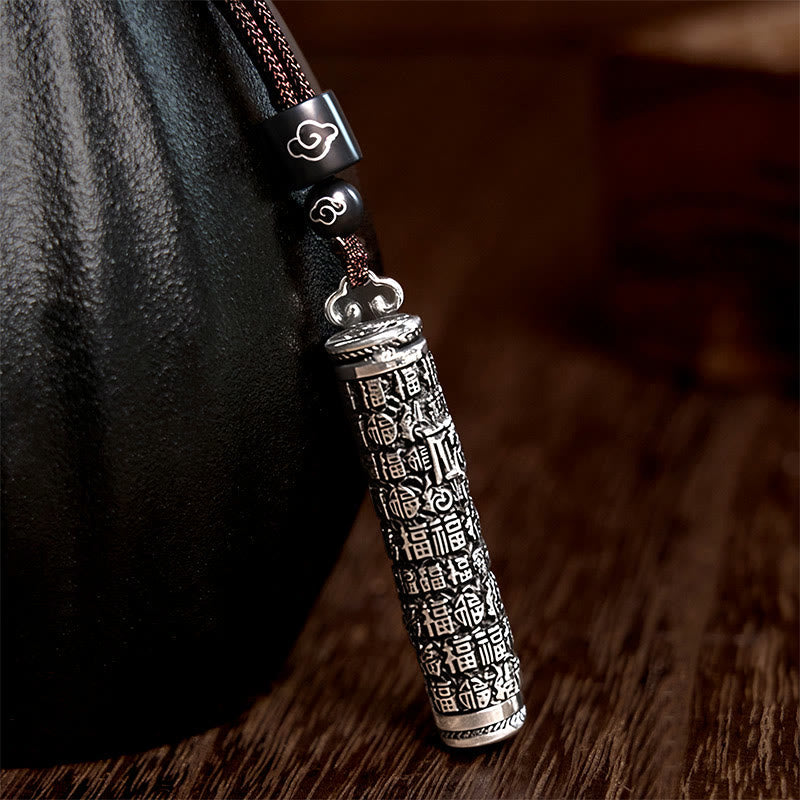 Copper Dragon Fu Character Pendant – engraved Fu fortune tube on braided cord, Prosperity