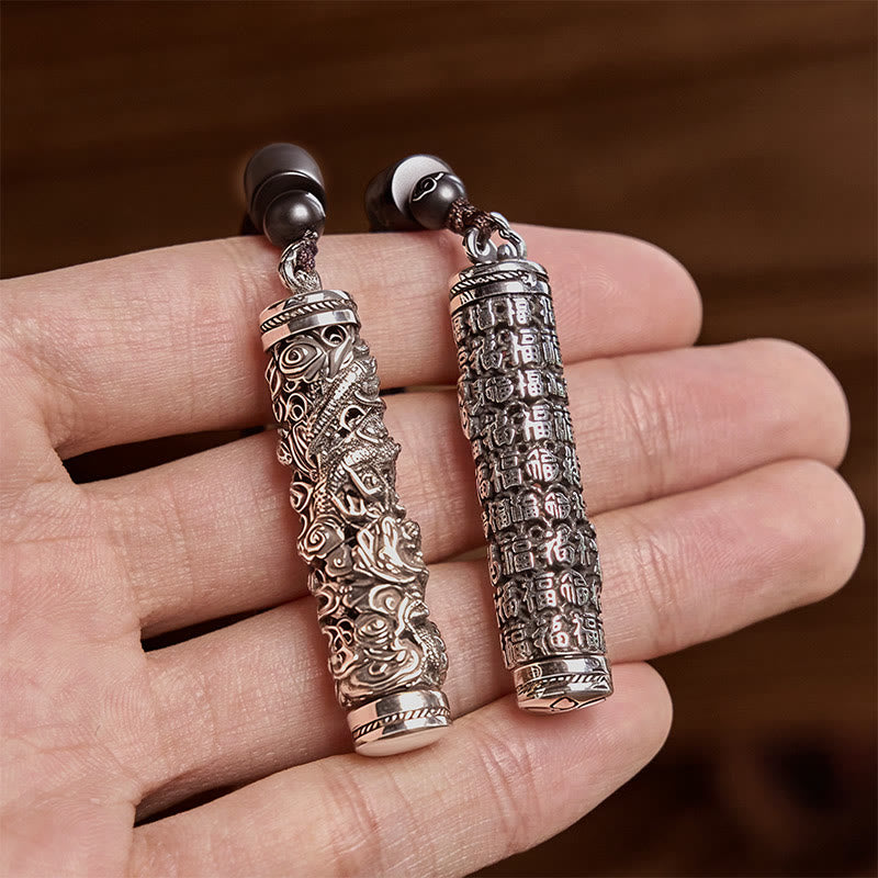 Copper Dragon Fu Character Pendant – dragon and Fu pendants held in open palm, Blessing