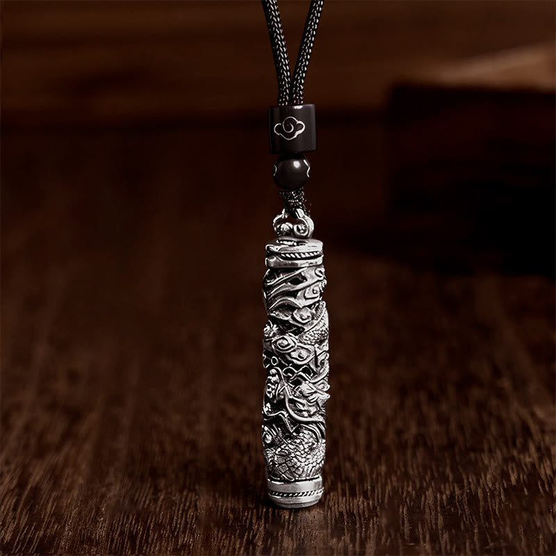 Copper Dragon Fu Character Pendant – oxidized silver dragon carved cylinder, Balance