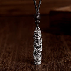 Copper Dragon Fu Character Pendant – oxidized silver dragon carved cylinder, Balance