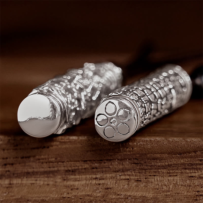 Copper Dragon Fu Character Pendant – macro silver cylinder end caps on wood, Craftsmanship
