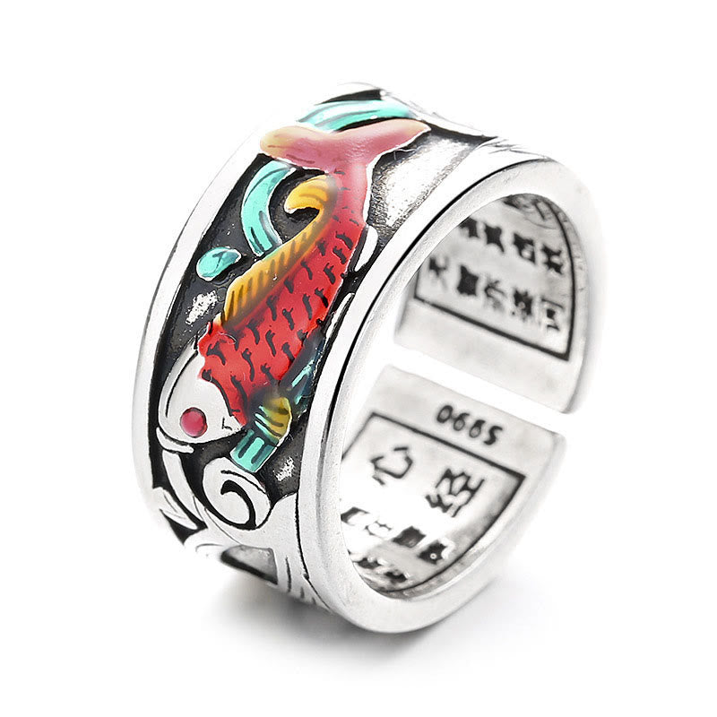 Blue Enamel Koi Fish Heart Sutra Ring – inner band engraving detail, fine script