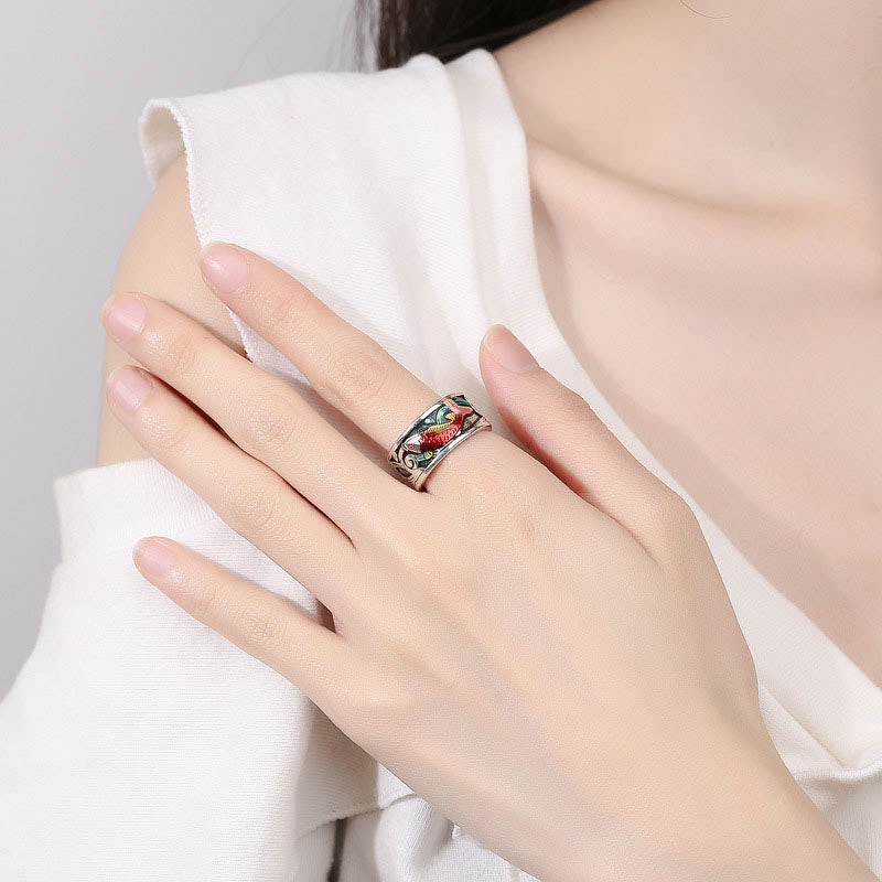 Blue Enamel Koi Fish Heart Sutra Ring – side profile, koi fish wrapping around band