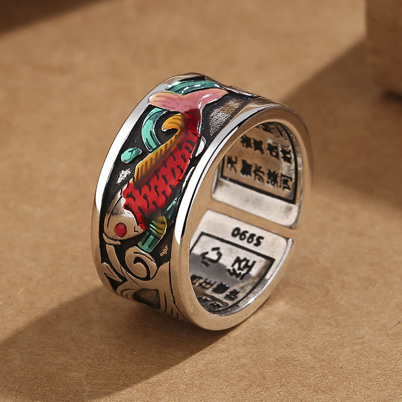 Blue Enamel Koi Fish Heart Sutra Ring – top view, vivid blue enamel, gold tone band