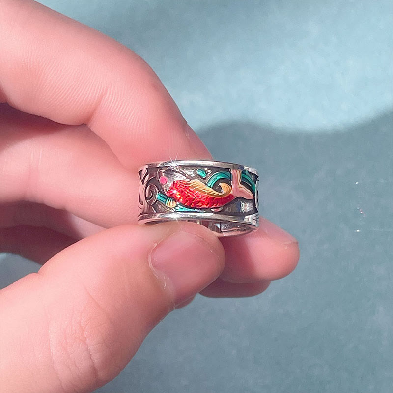 Blue Enamel Koi Fish Heart Sutra Ring – worn on finger, elegant fit and shine
