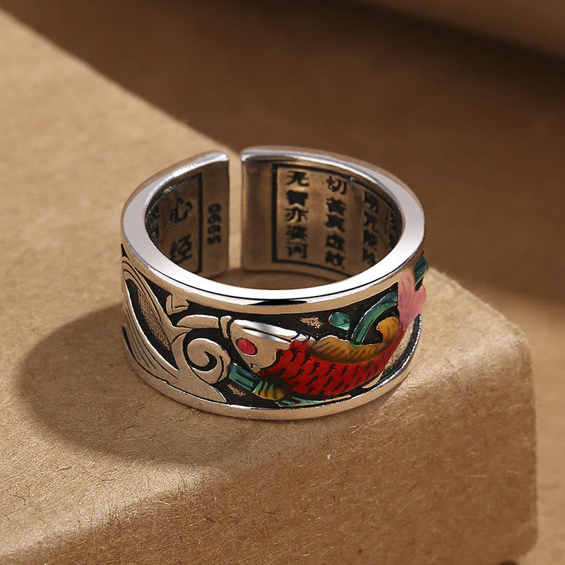 Blue Enamel Koi Fish Heart Sutra Ring – close-up carved Heart Sutra text on band