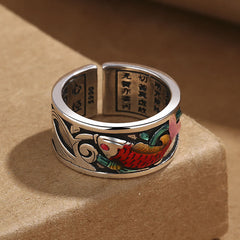 Blue Enamel Koi Fish Heart Sutra Ring – close-up carved Heart Sutra text on band
