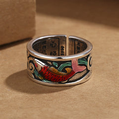 Blue Enamel Koi Fish Heart Sutra Ring – angled view showing koi detail, enamel inlay