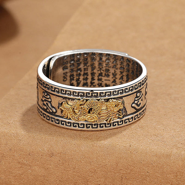 Dragon Heart Sutra Copper Strength Ring – gold pixiu relief dark patterns scripture, Protective
