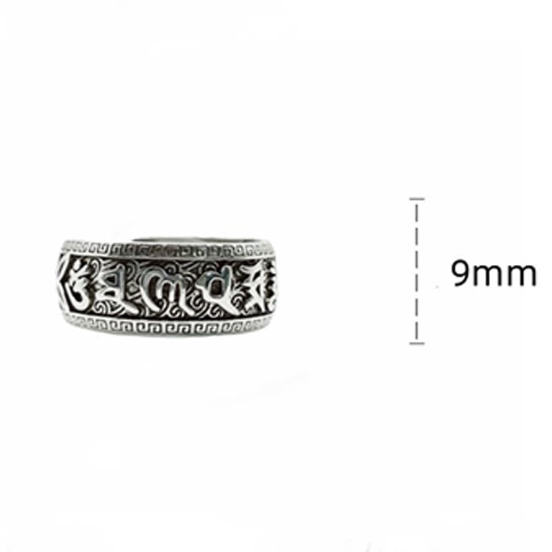 Om Mani Padme Hum Copper Ring – Profile view with 9mm band width, detailed Tibetan mantra and meander border engraving