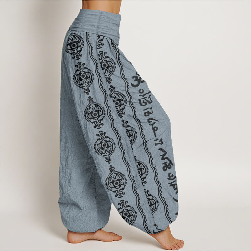 Cotton Mandala Om Harem Pants – slate blue left profile featuring black mandala medallion stripes, cotton yoga pants