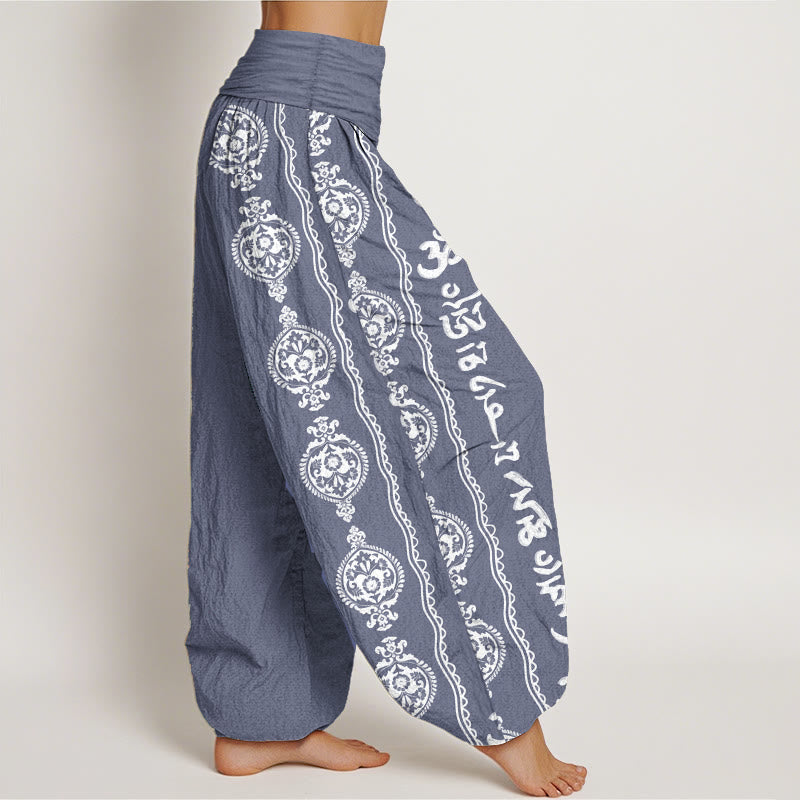 Cotton Mandala Om Harem Pants – side profile showing full volume drape and white mandala print, harem yoga pants