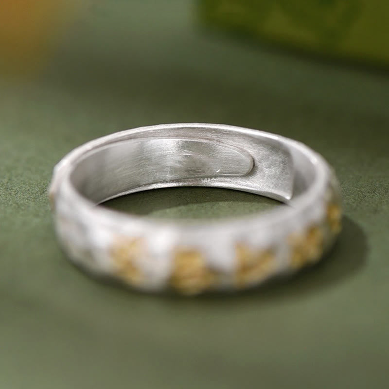 Hammered Om Mani Padme Hum Ring - low angle showing adjustable open band, copper silver ring