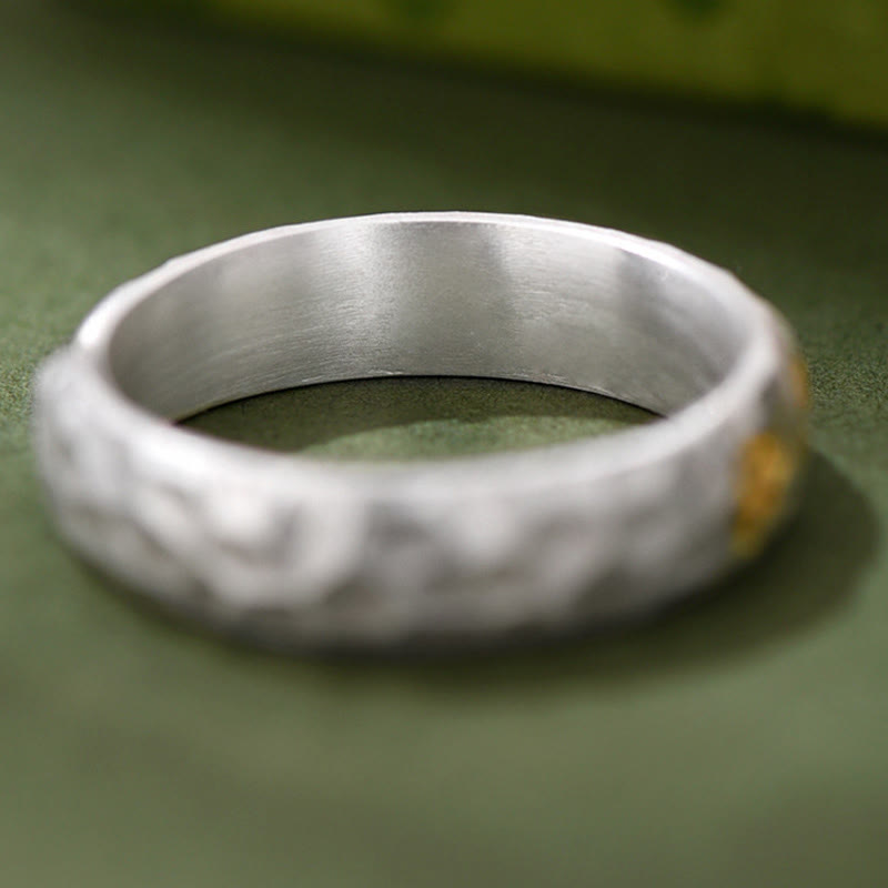 Hammered Om Mani Padme Hum Ring - detailed hammered silver texture with gold inlay, rustic band ring