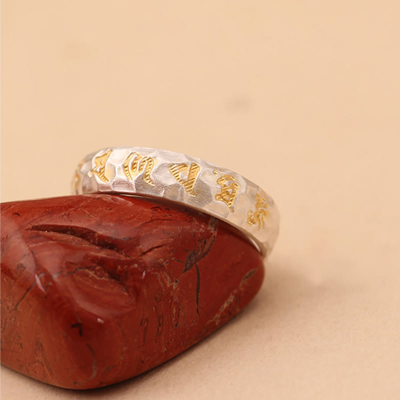 Hammered Om Mani Padme Hum Ring - macro detail on jasper stone, copper silver spiritual jewelry