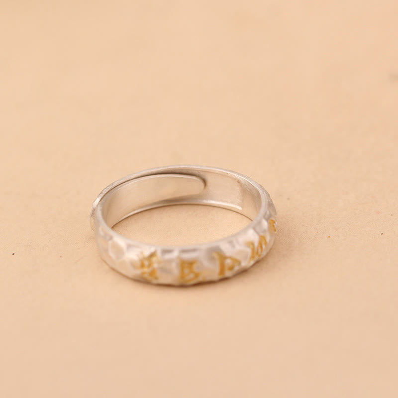 Hammered Om Mani Padme Hum Ring - adjustable open back with gold inlay, two-tone silver ring