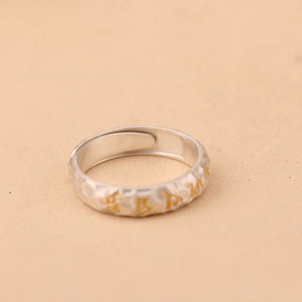 Hammered Om Mani Padme Hum Ring - adjustable open back with gold inlay, two-tone silver ring