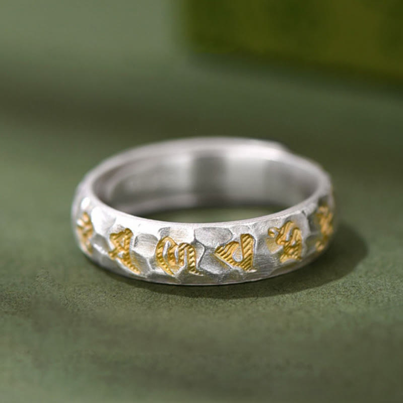 Hammered Om Mani Padme Hum Ring - close-up hammered texture with gold inlay, handmade meditation ring