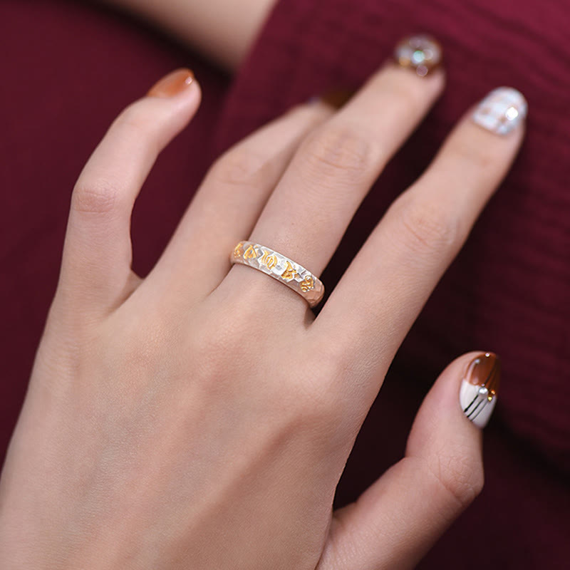 Hammered Om Mani Padme Hum Ring - on hand with warm nail art, gold inlay silver band