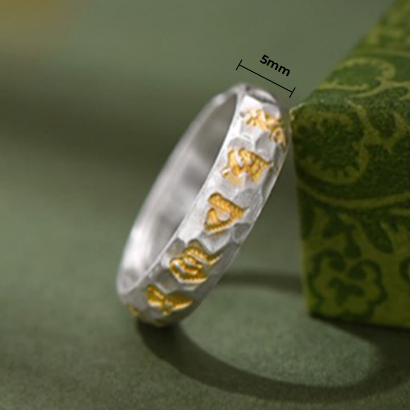999 Silver Hammered Om Ring – Gold mantra engraving on 5mm hammered silver band, Tibetan jewelry