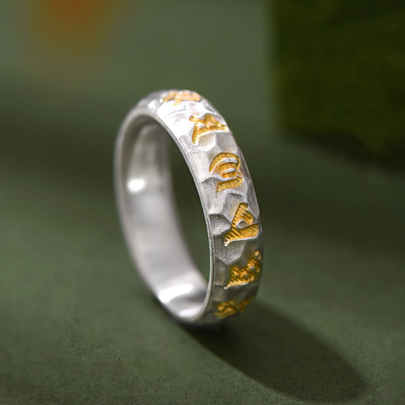 999 Silver Hammered Om Ring – Gold Tibetan mantra inlay on hand-forged silver band, Buddhist meditation ring Main image