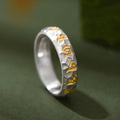 999 Silver Hammered Om Ring – Gold Tibetan mantra inlay on hand-forged silver band, Buddhist meditation ring