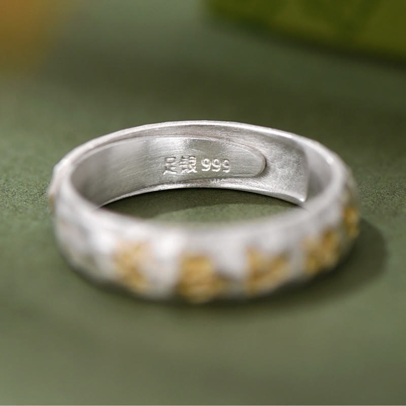 999 Silver Hammered Om Ring – Interior view showing 999 fine silver purity stamp, adjustable band design