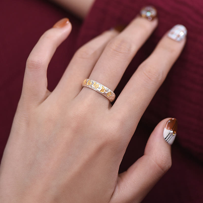 999 Silver Hammered Om Ring – Close-up worn view showing hammered texture and gold accents, men ring