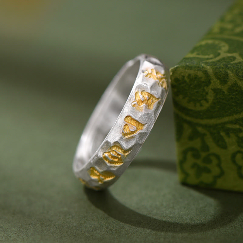 999 Sterling Silver Hammer Pattern Om Mani Padme Hum Ring Secondary image