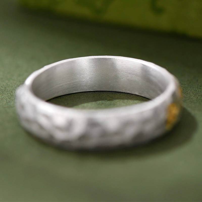 999 Silver Hammered Om Ring – Brushed silver band with gold accent stripe, minimalist men ring