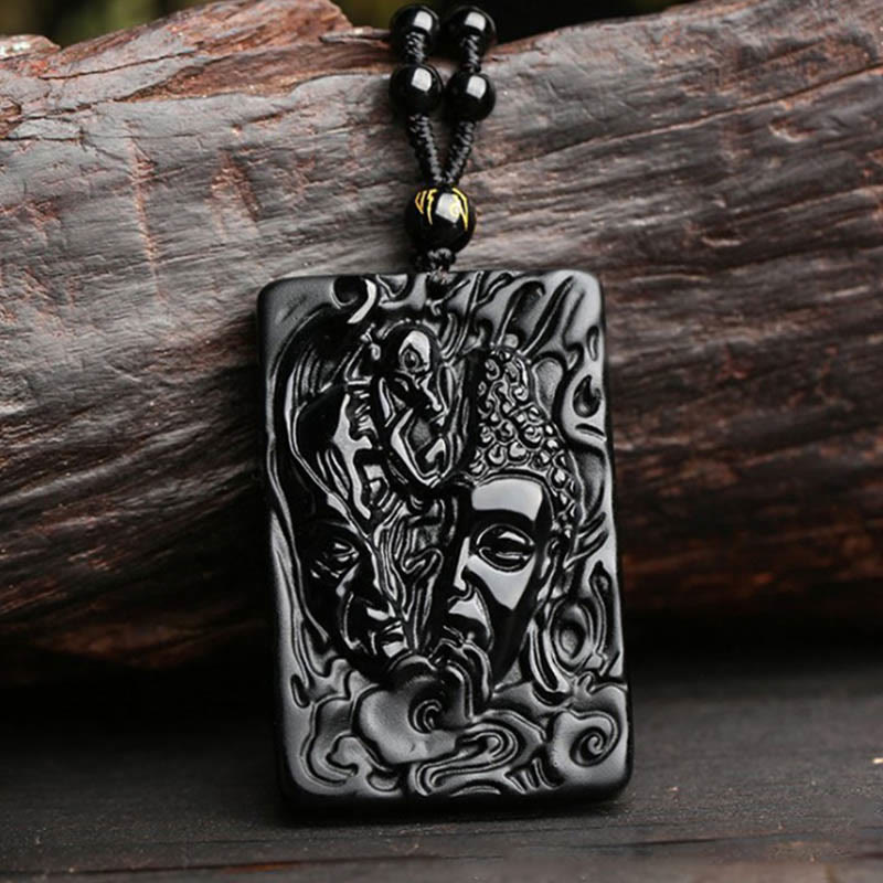Black Obsidian Buddha Devil Necklace – front pendant on cord, protective crystal jewelry