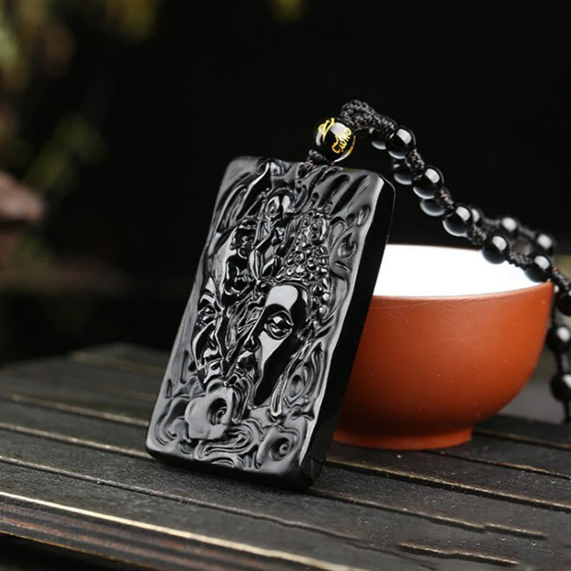 Black Obsidian Buddha Devil Necklace – Buddha carving detail in obsidian, spiritual art