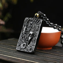 Black Obsidian Buddha Devil Necklace – Buddha carving detail in obsidian, spiritual art