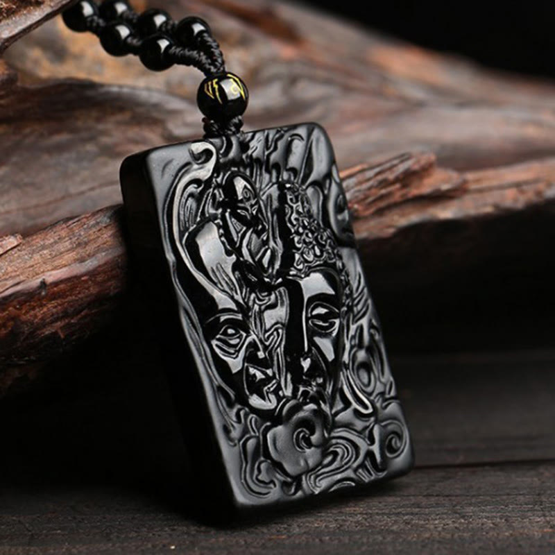 Black Obsidian Buddha Devil Necklace – worn on collarbone, strength obsidian pendant