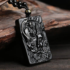 Black Obsidian Buddha Devil Necklace – worn on collarbone, strength obsidian pendant