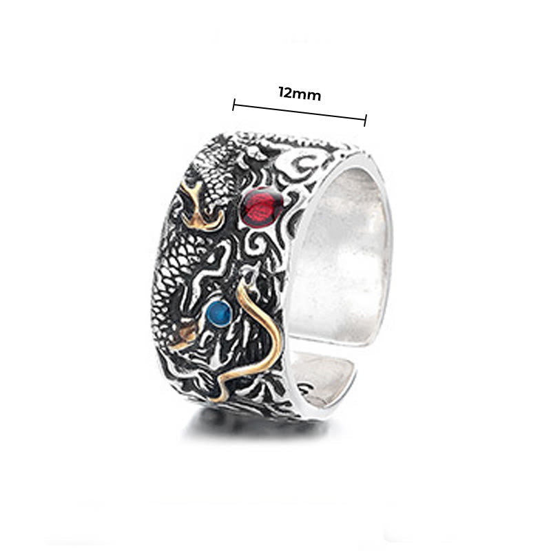 Vintage Dragon Copper Plated Silver Balance Ring – 12mm wide dragon eye blue stone open cuff white bg, Adjustable