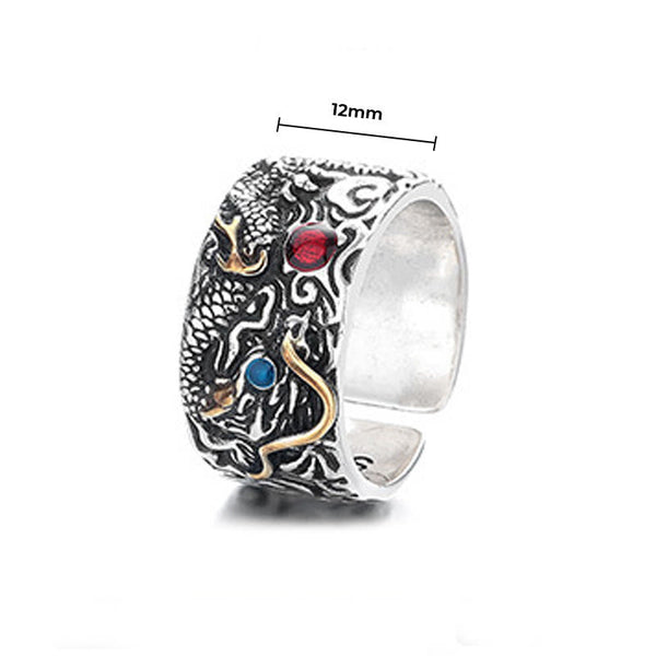 Vintage Dragon Copper Plated Silver Balance Ring – 12mm wide dragon eye blue stone open cuff white bg, Adjustable