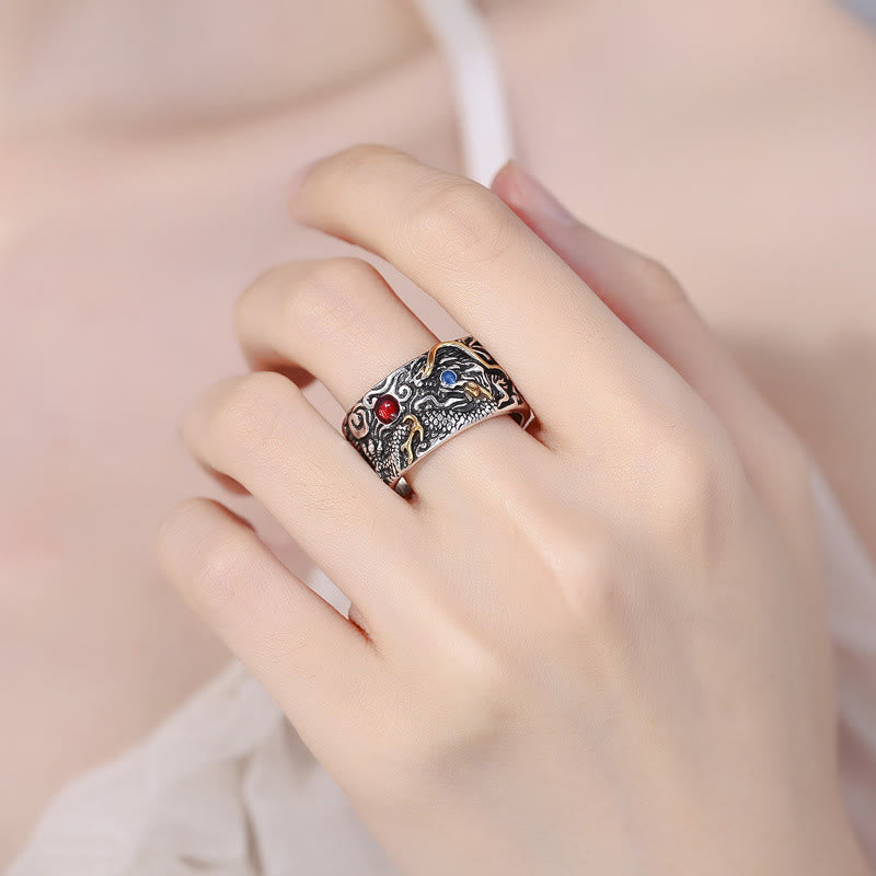Vintage Dragon Copper Plated Silver Balance Ring – worn on hand red blue gemstones copper accents, Stylish