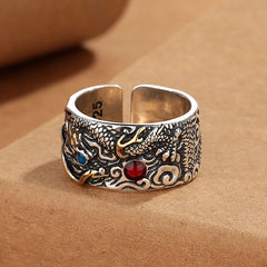 Vintage Dragon Copper Plated Silver Balance Ring – low angle dragon body red stone blue accent 925 stamp, Masculine