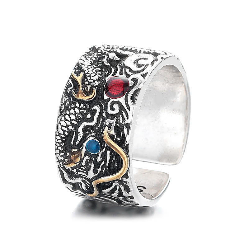Vintage Dragon Copper Plated Silver Balance Ring – three-quarter white bg copper dragon red blue stones, Striking