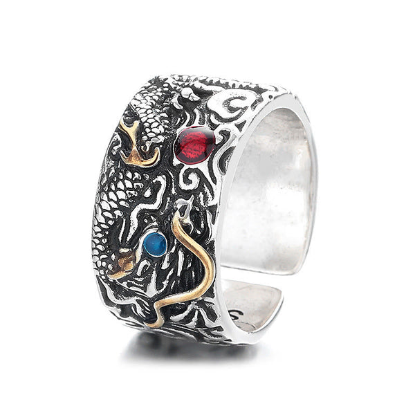 Vintage Dragon Copper Plated Silver Balance Ring – three-quarter white bg copper dragon red blue stones, Striking